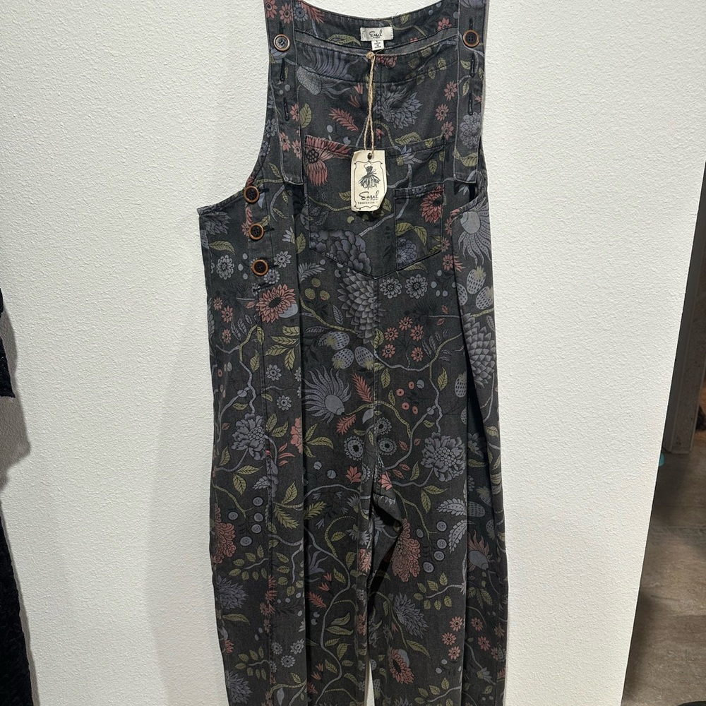 Easel Floral Print Overalls - Dark Gray